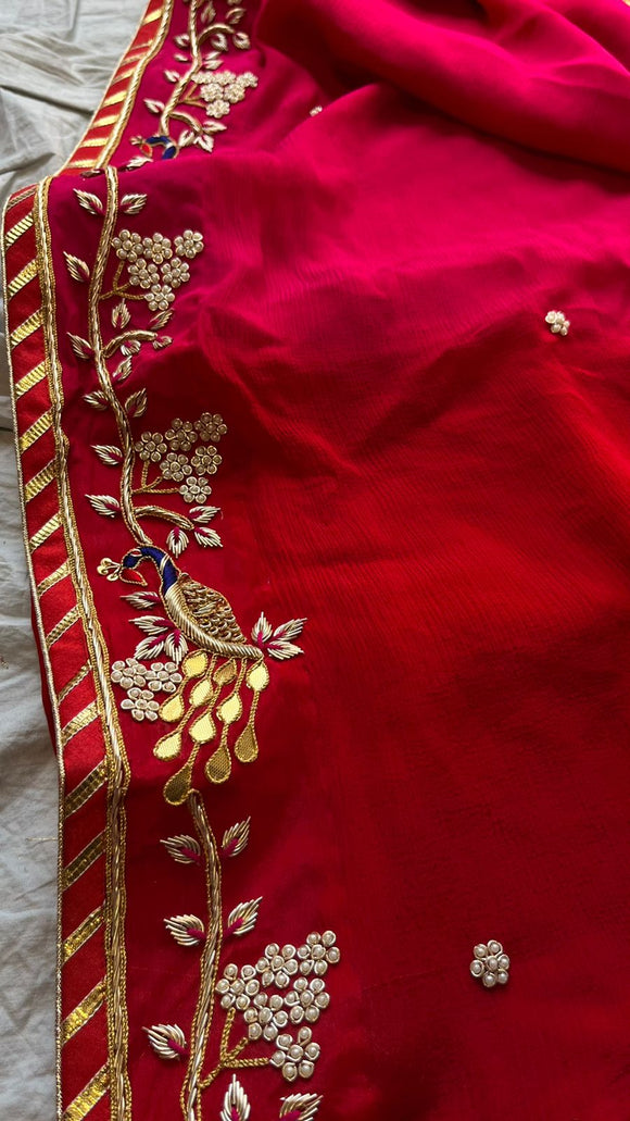 Stunning red zardosi saree