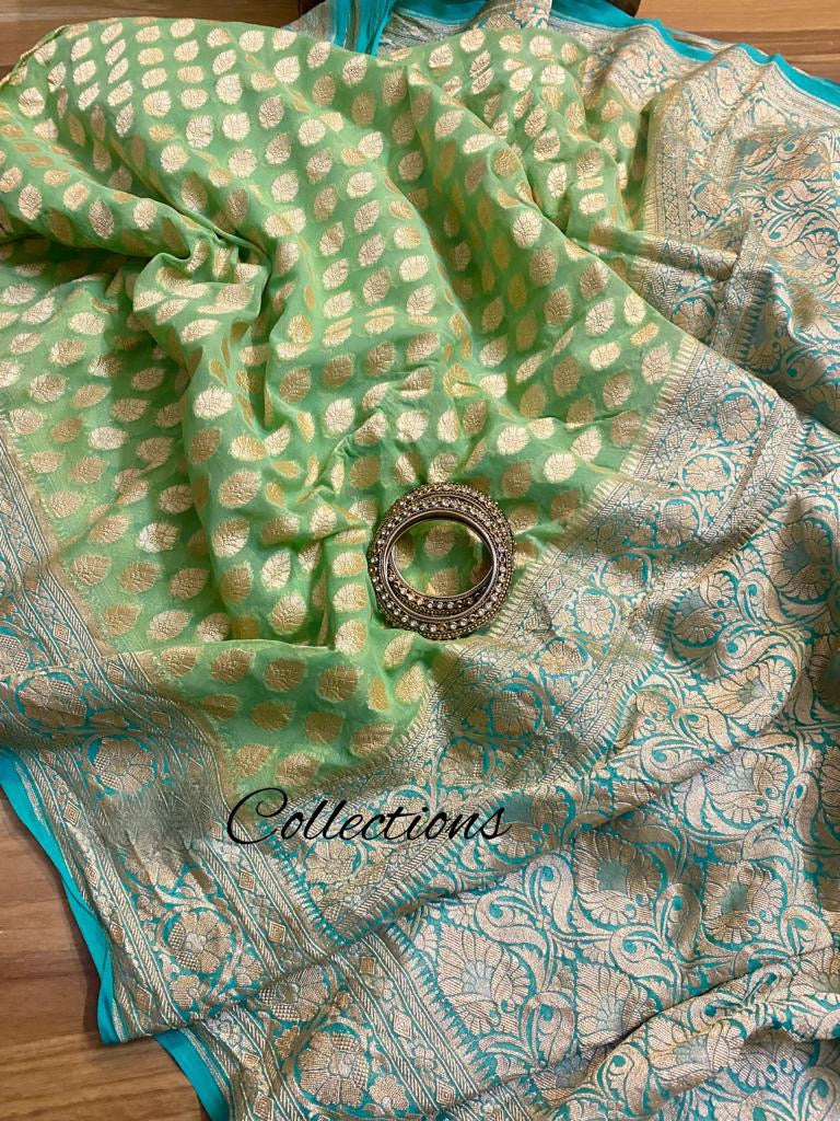 Elegant green khaddi gorgette sari - Saffronfashionindia