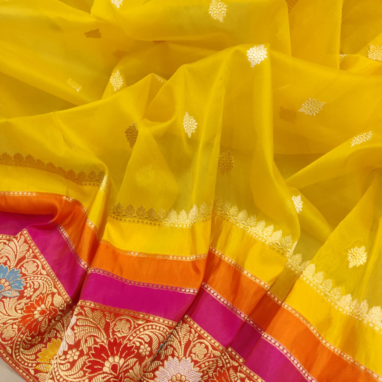 Ranjhana handwoven yellow kora saree - Saffronfashionindia