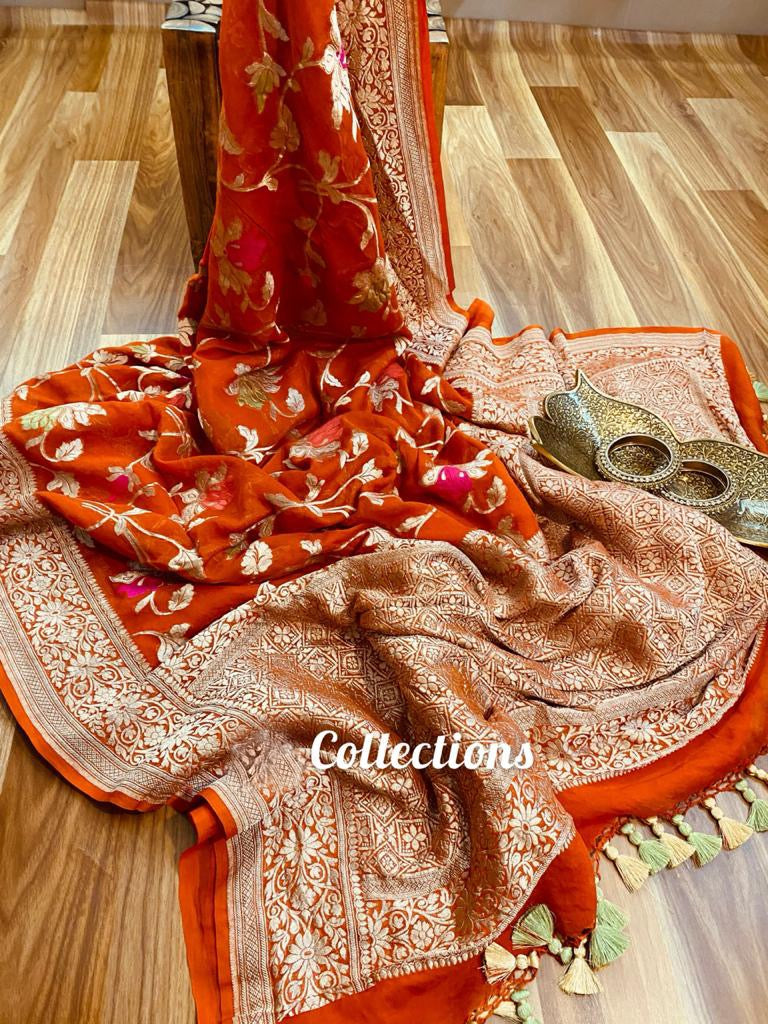 Orange handwoven Banarsi saree - Saffronfashionindia