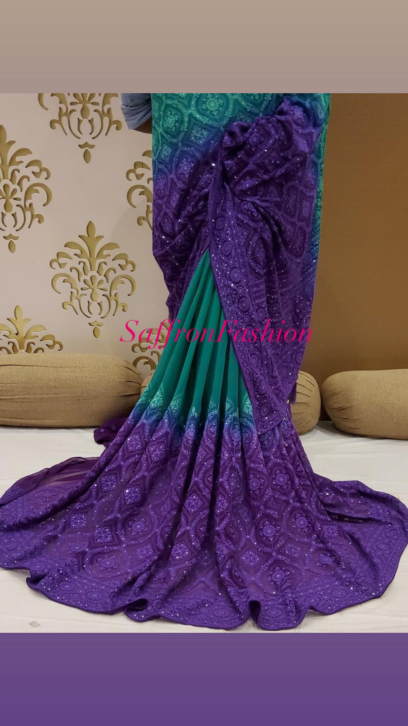 Gorgette Chikankari saree - Saffronfashionindia