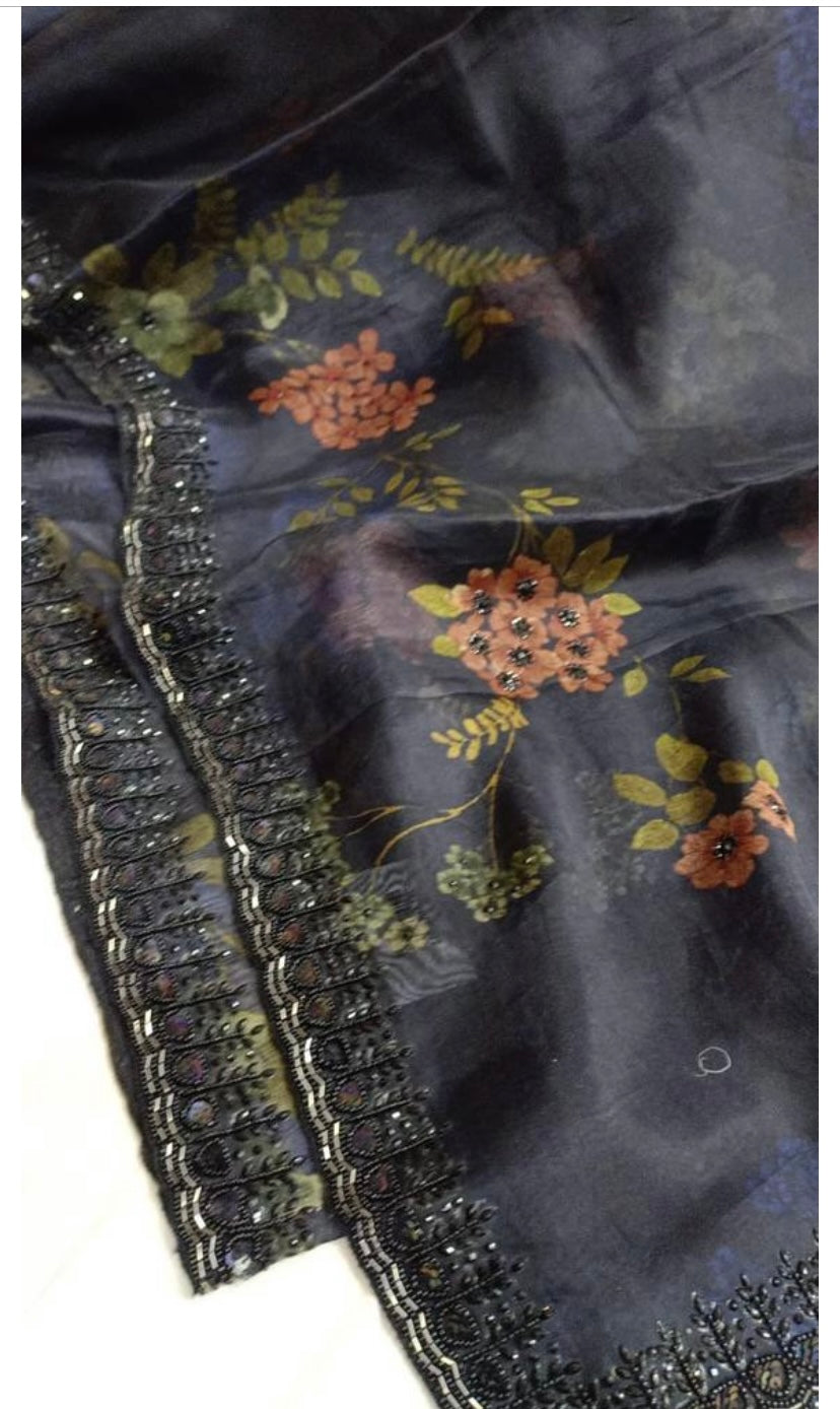 Black floral saree - Saffronfashionindia