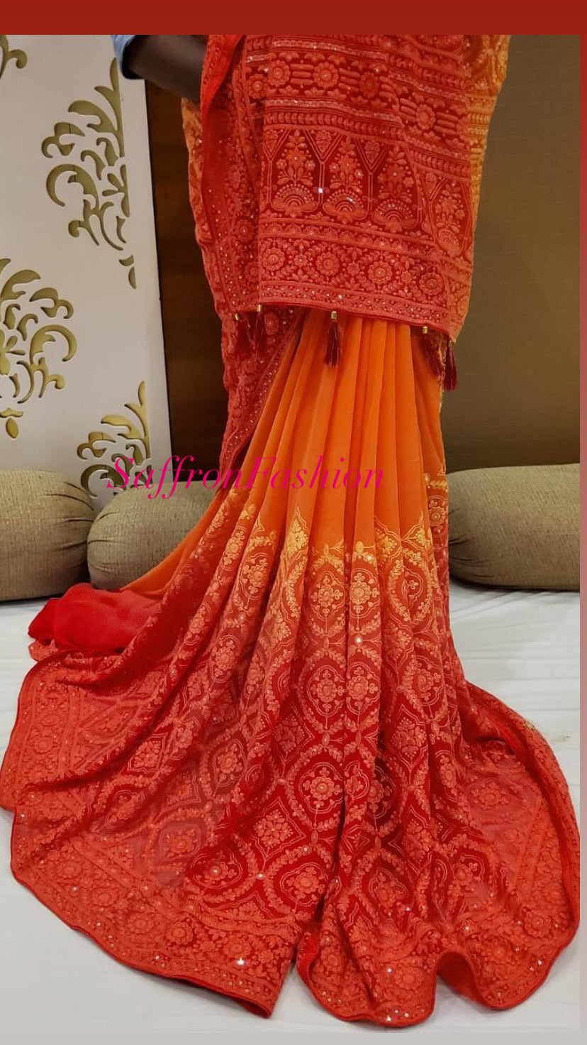 Gorgette Chikankari saree - Saffronfashionindia