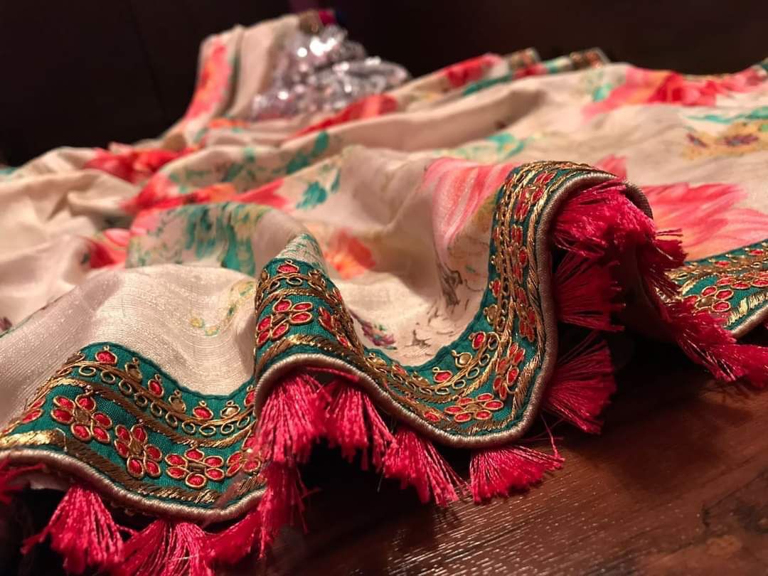 Floral Russian silk crepe saree - Saffronfashionindia