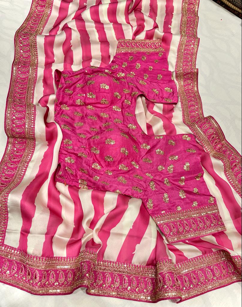 Satin striped zardosi saree - Saffronfashionindia