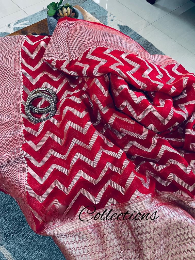 Red Banarsi bridal inspired saree - Saffronfashionindia