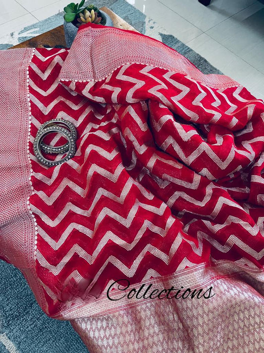 Red Banarsi bridal inspired saree - Saffronfashionindia