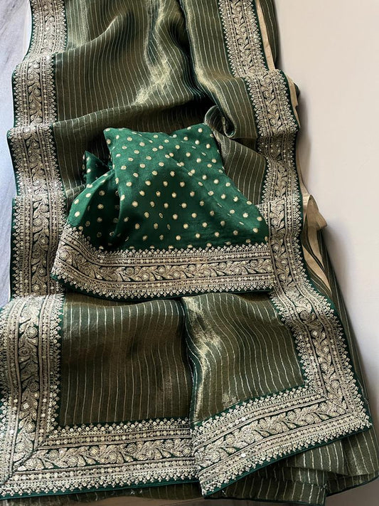 Tissue striped saree - Saffronfashionindia