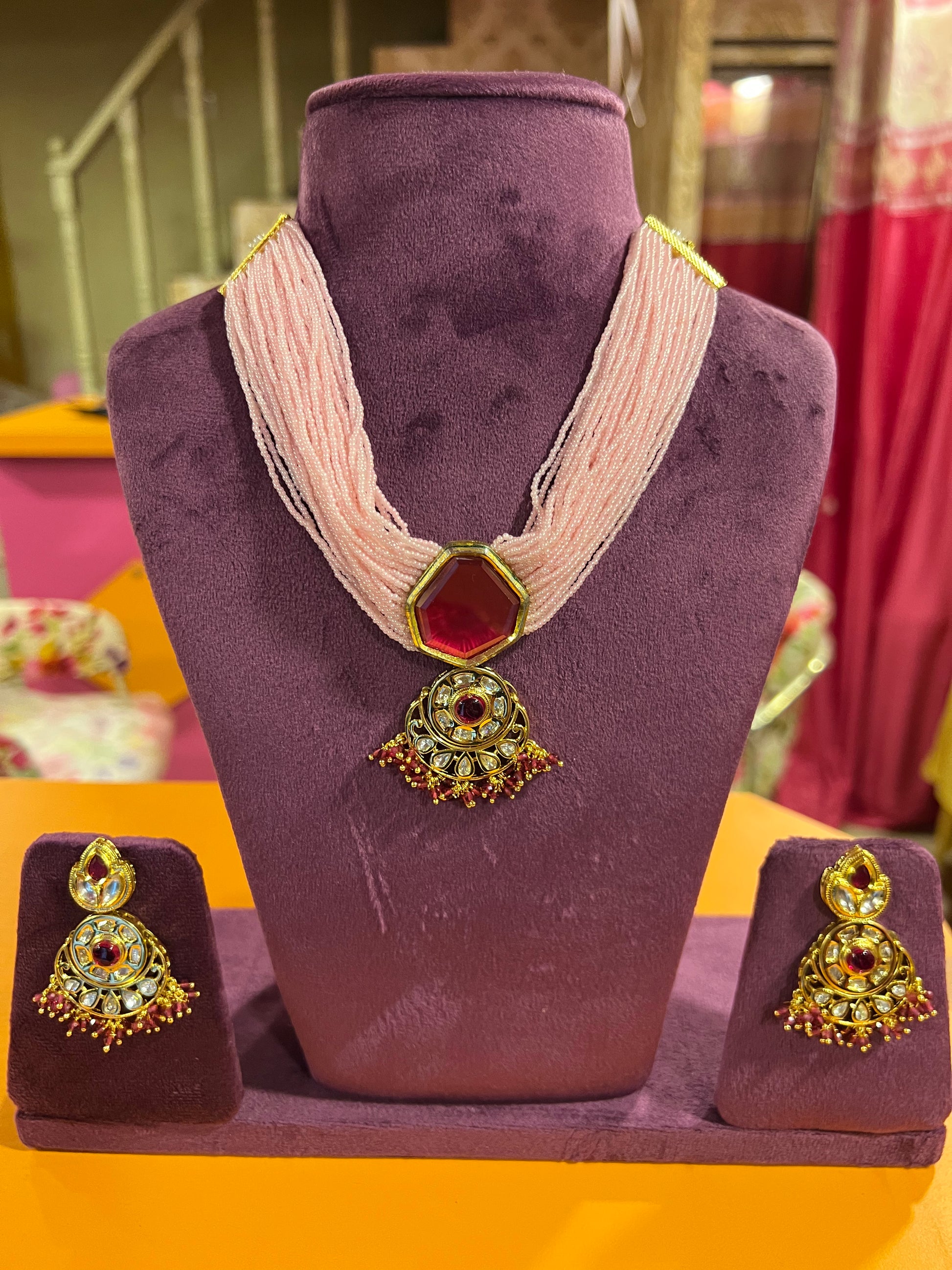 Pink beautiful pearl set Indian jewelry - Saffronfashionindia