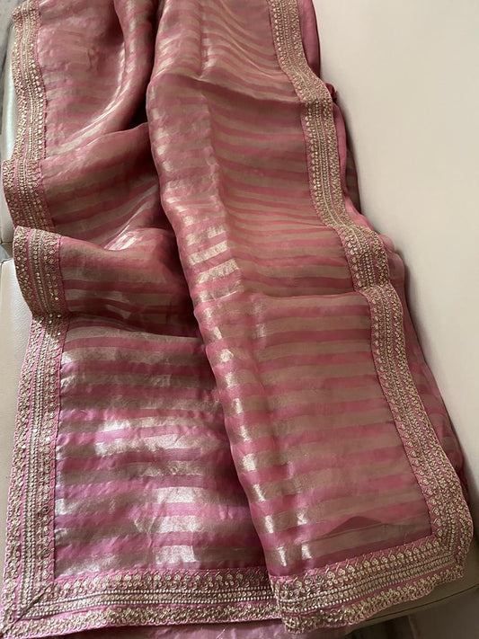 Neshina striped weaving organza saree - Saffronfashionindia