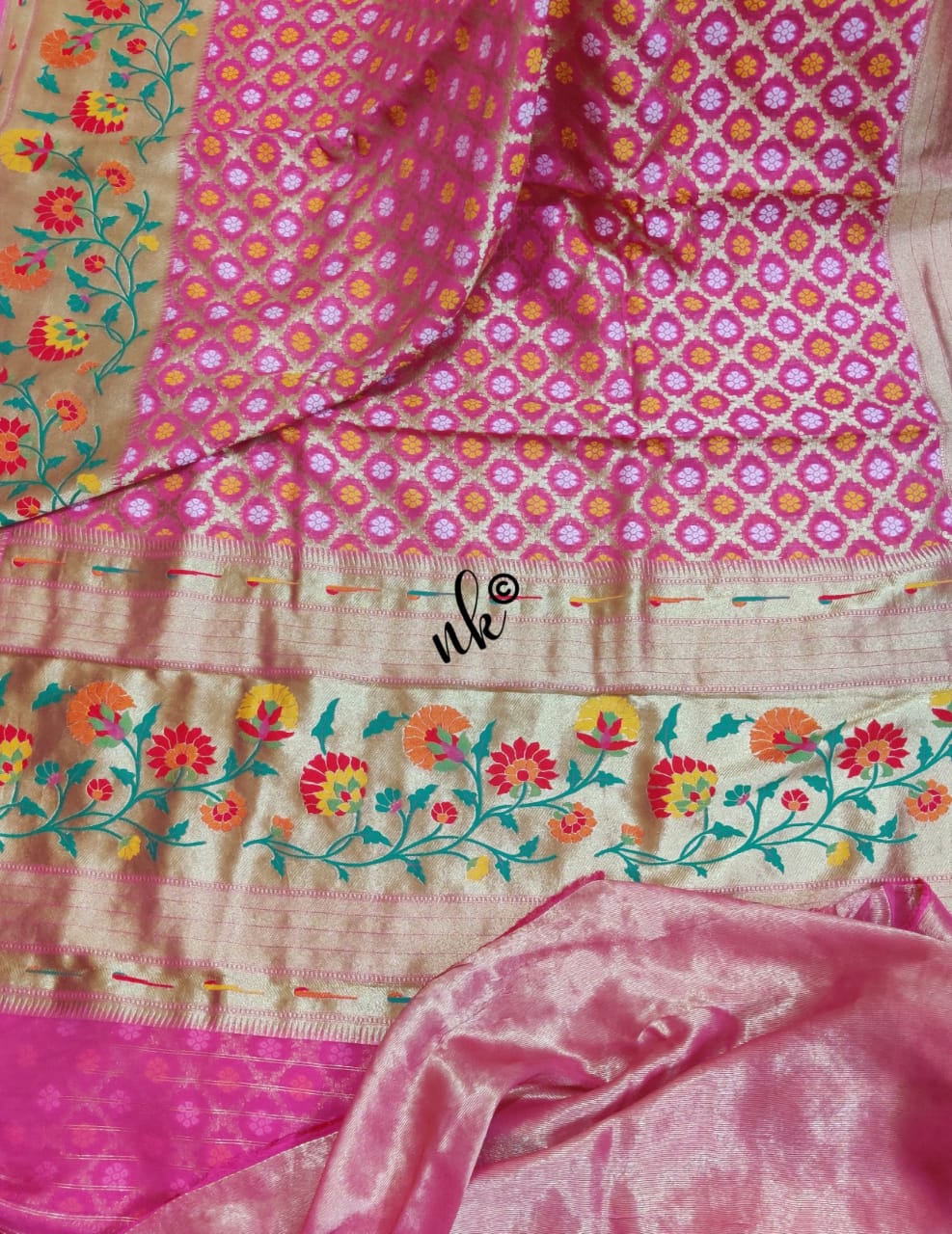 Floral weaving Meenakari gorgette saree - Saffronfashionindia