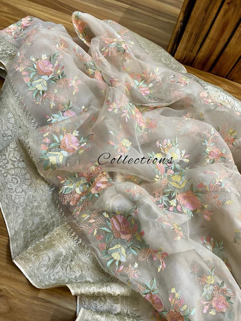 organza embroidery saree - Saffronfashionindia