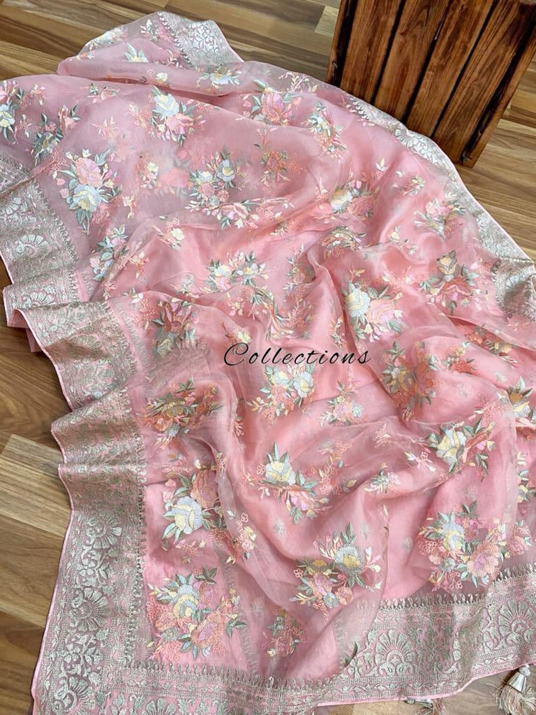 Pink organza embroidery saree - Saffronfashionindia
