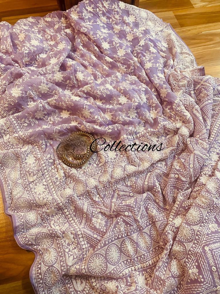 Pishika Chikankari gorgette saree - Saffronfashionindia