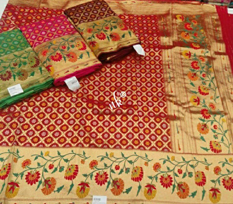 Floral weaving Meenakari gorgette saree - Saffronfashionindia