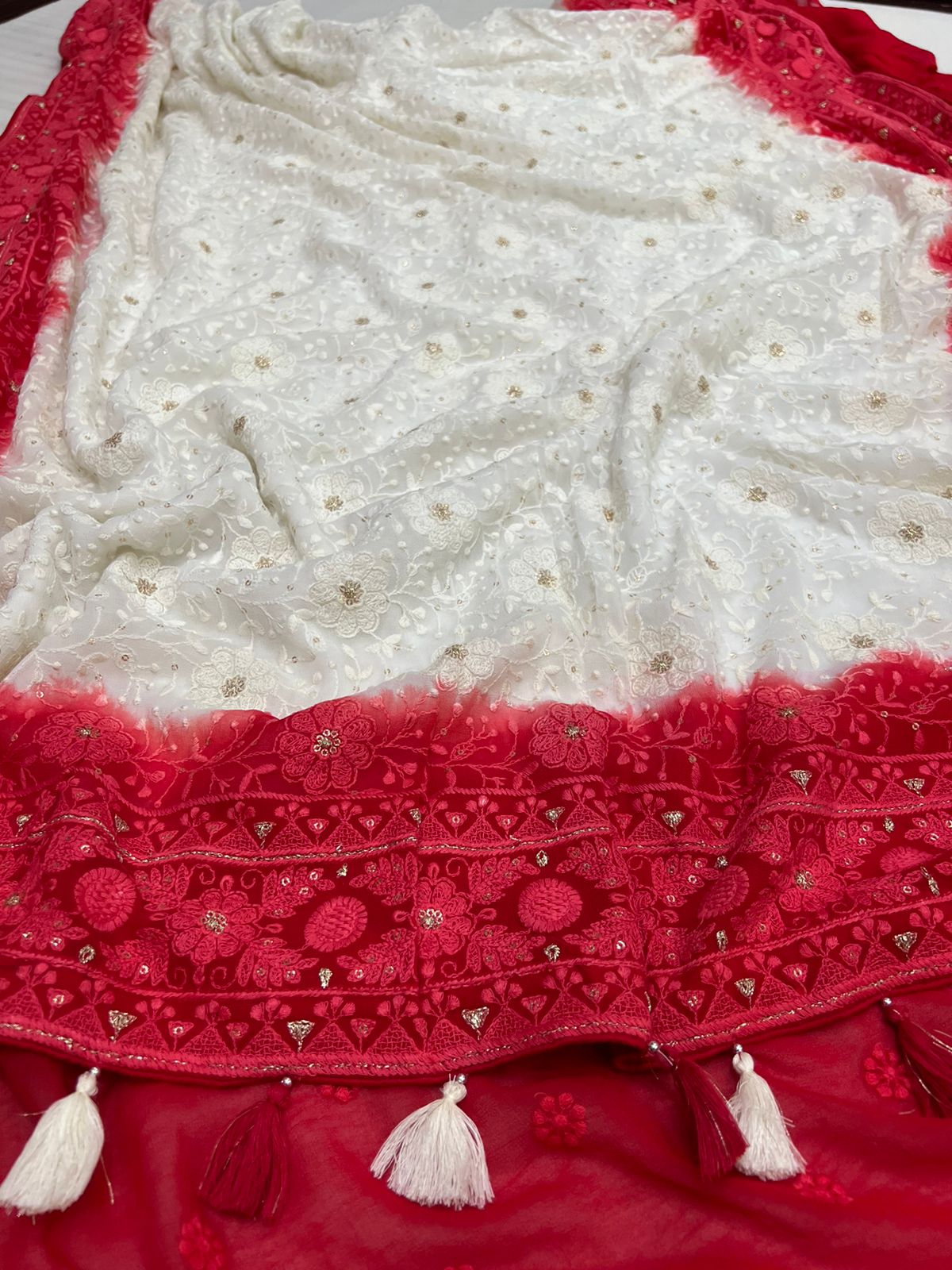 Chikankari gorgette saree - Saffronfashionindia