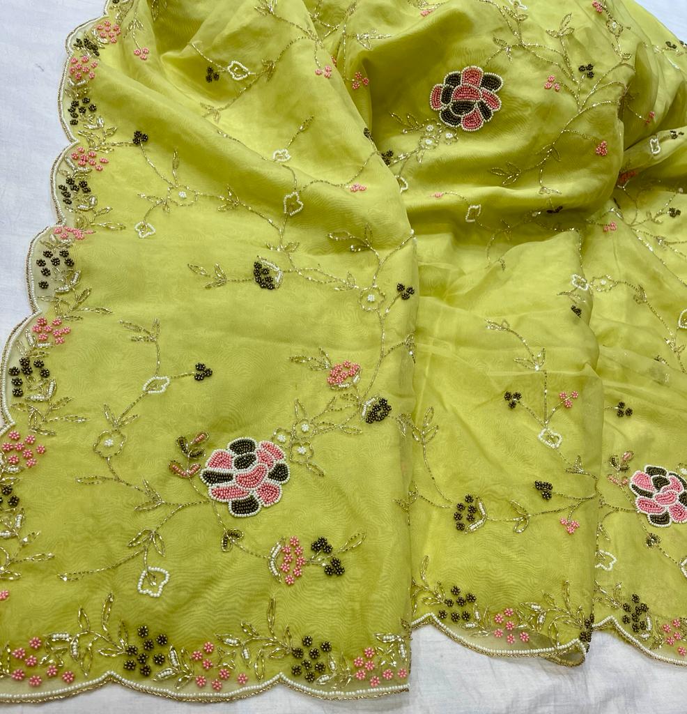Pearl organza zardosi saree - Saffronfashionindia