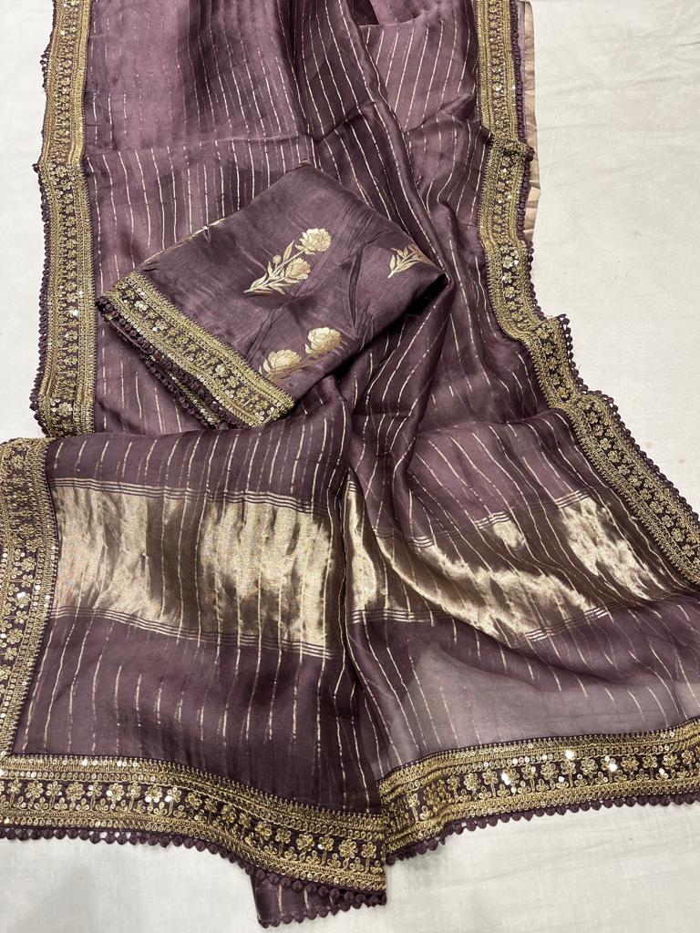 Striped zari organza saree - Saffronfashionindia