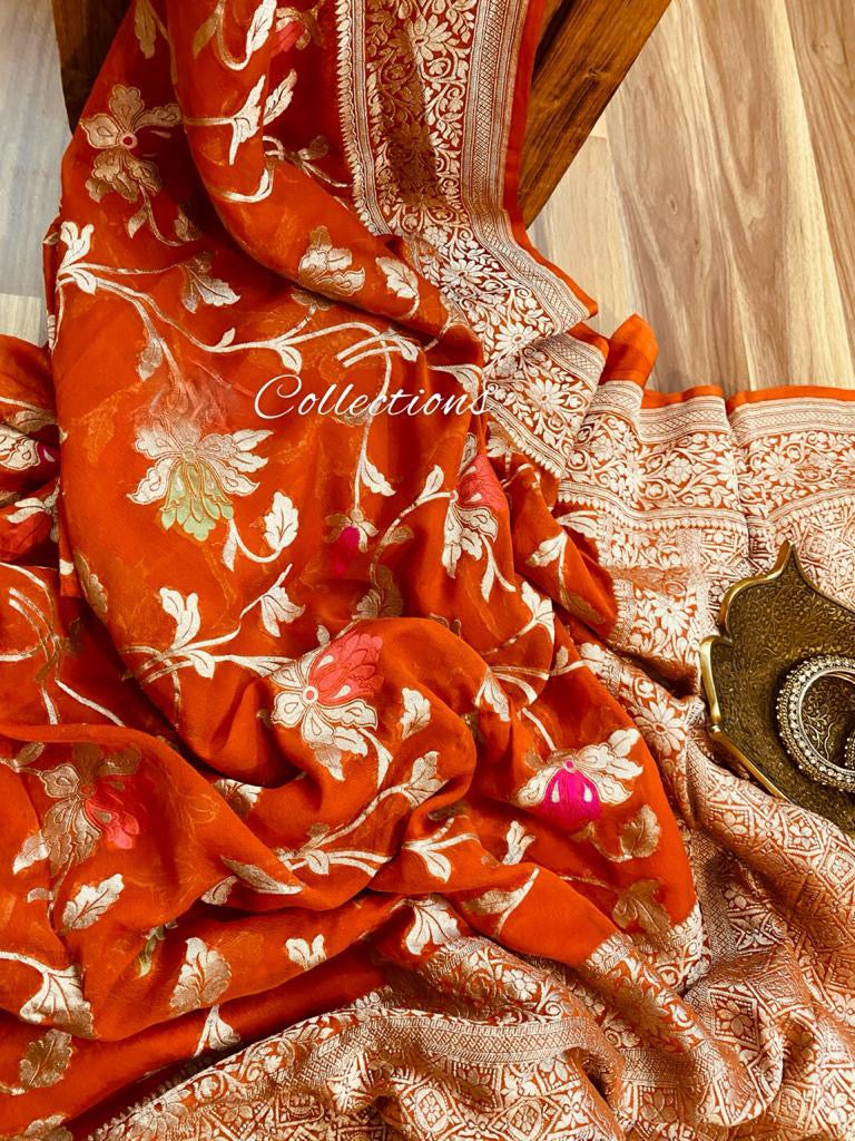 Orange handwoven Banarsi saree - Saffronfashionindia