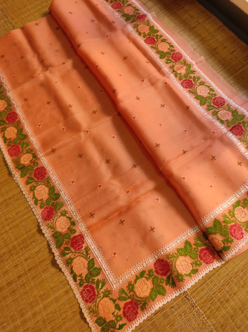 Organza cross stitched saree - Saffronfashionindia