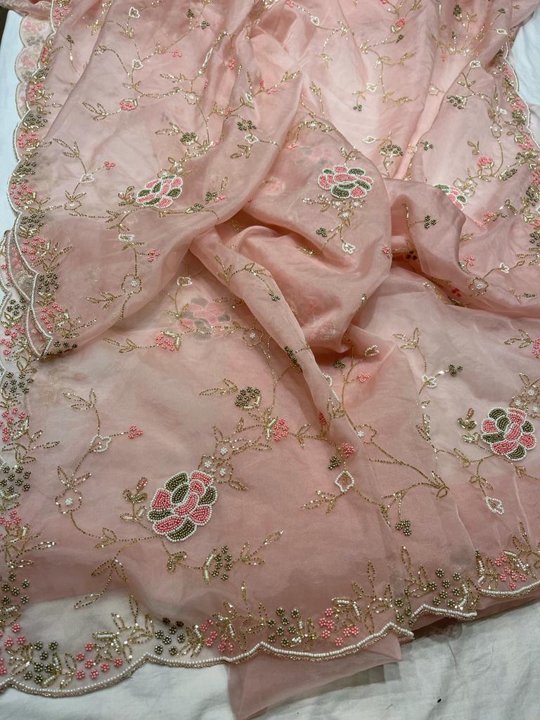 Pearl organza zardosi saree - Saffronfashionindia