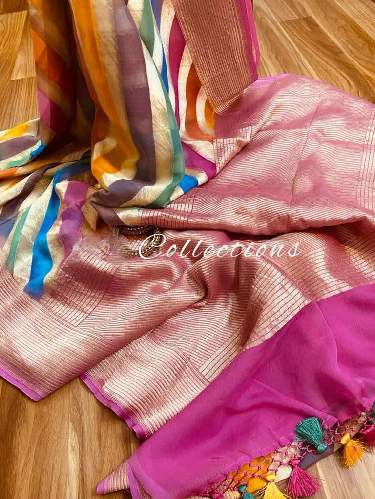 Handwoven striped gorgette saree - Saffronfashionindia