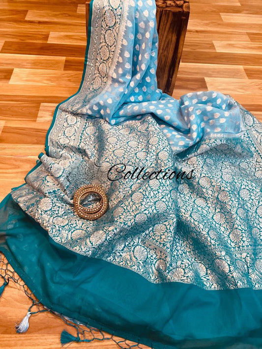 Noshina blue khaddi gorgette saree - Saffronfashionindia