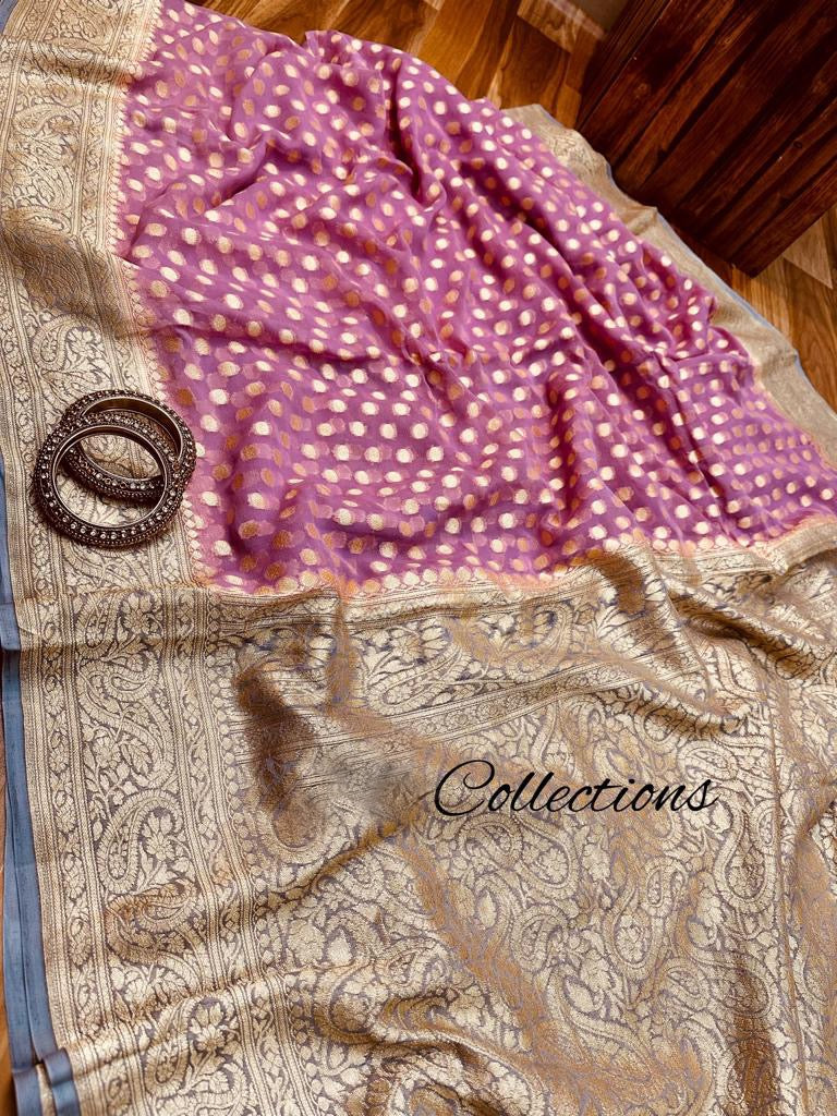 Pink Banarsi handwoven saree - Saffronfashionindia