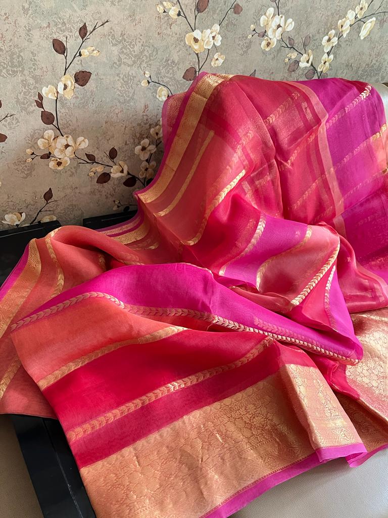 Striped kora banarsi saree - Saffronfashionindia