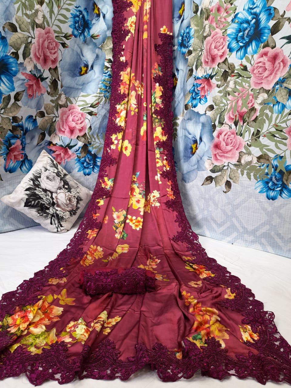 Floral laced saree - Saffronfashionindia