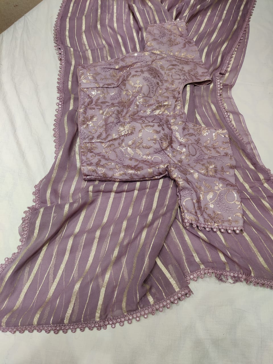 Bezil striped gorgette saree - Saffronfashionindia