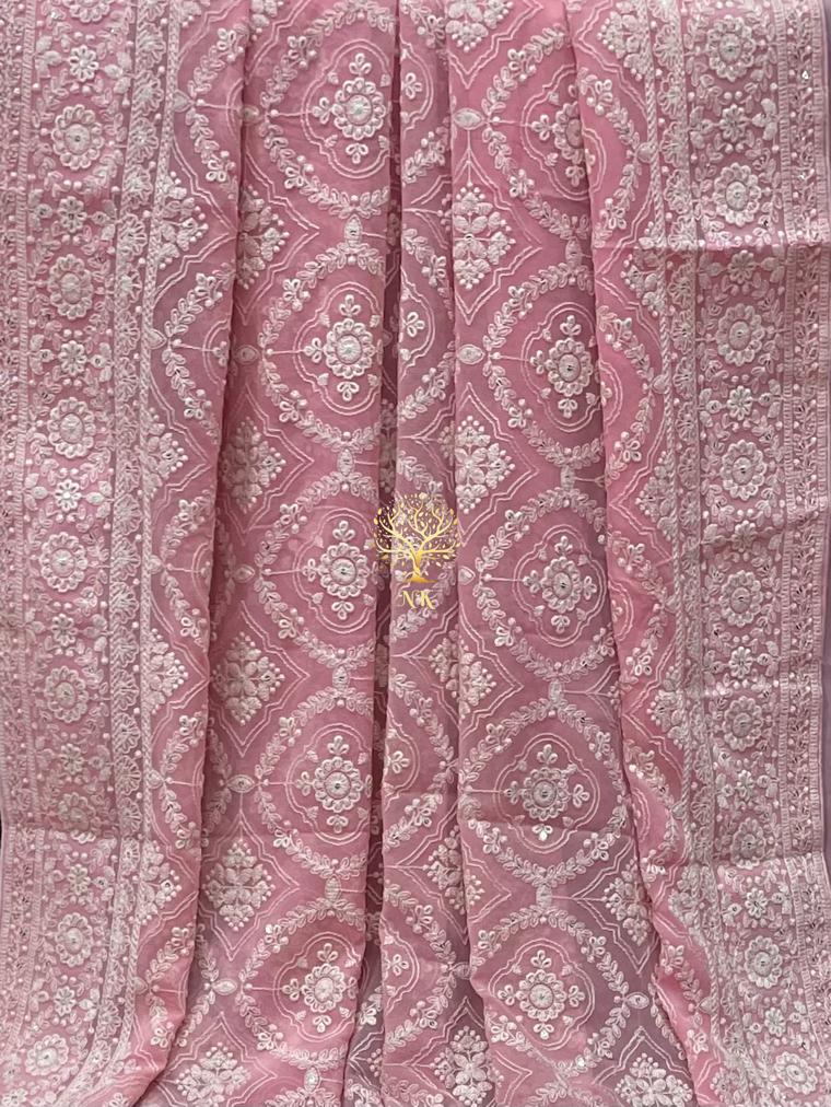 Pink beautiful Chikankari saree - Saffronfashionindia