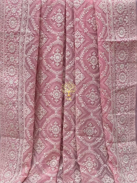 Pink beautiful Chikankari saree - Saffronfashionindia