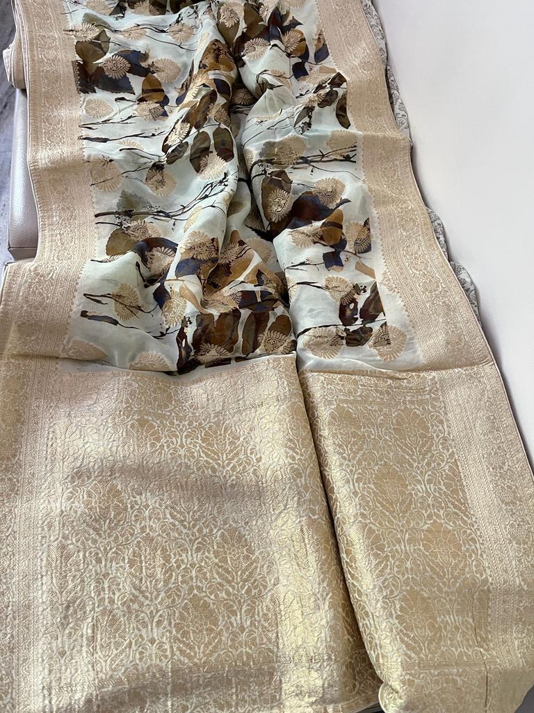 Vernia Banarsi gorgette sari Saffron fashion