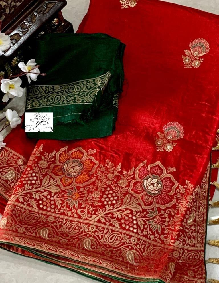 Red banarsi moonga saree - Saffronfashionindia