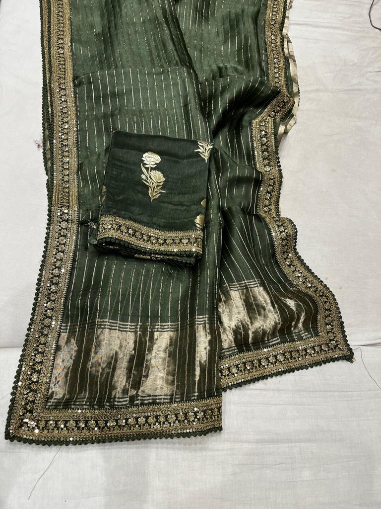 Striped zari organza saree - Saffronfashionindia