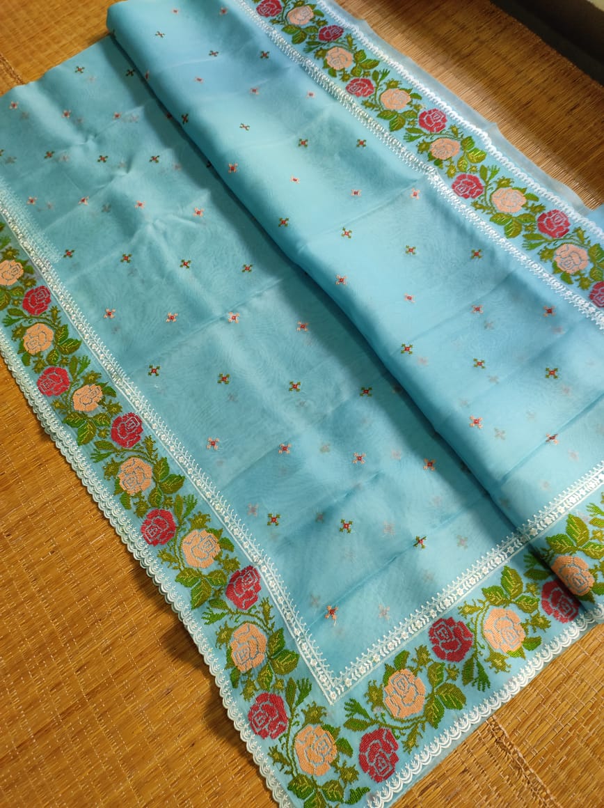 Organza cross stitched saree - Saffronfashionindia