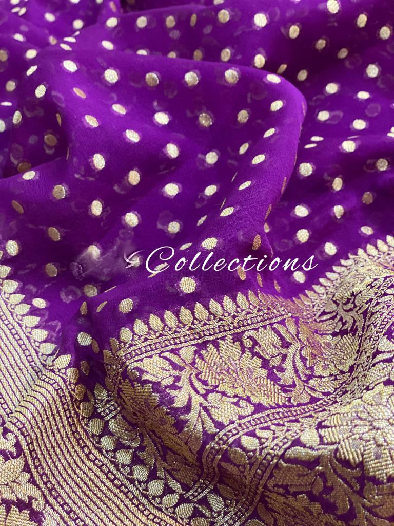 Handwoven Banarsi purple gorgette saree - Saffronfashionindia