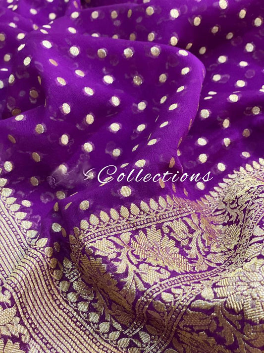 Handwoven Banarsi purple gorgette saree - Saffronfashionindia