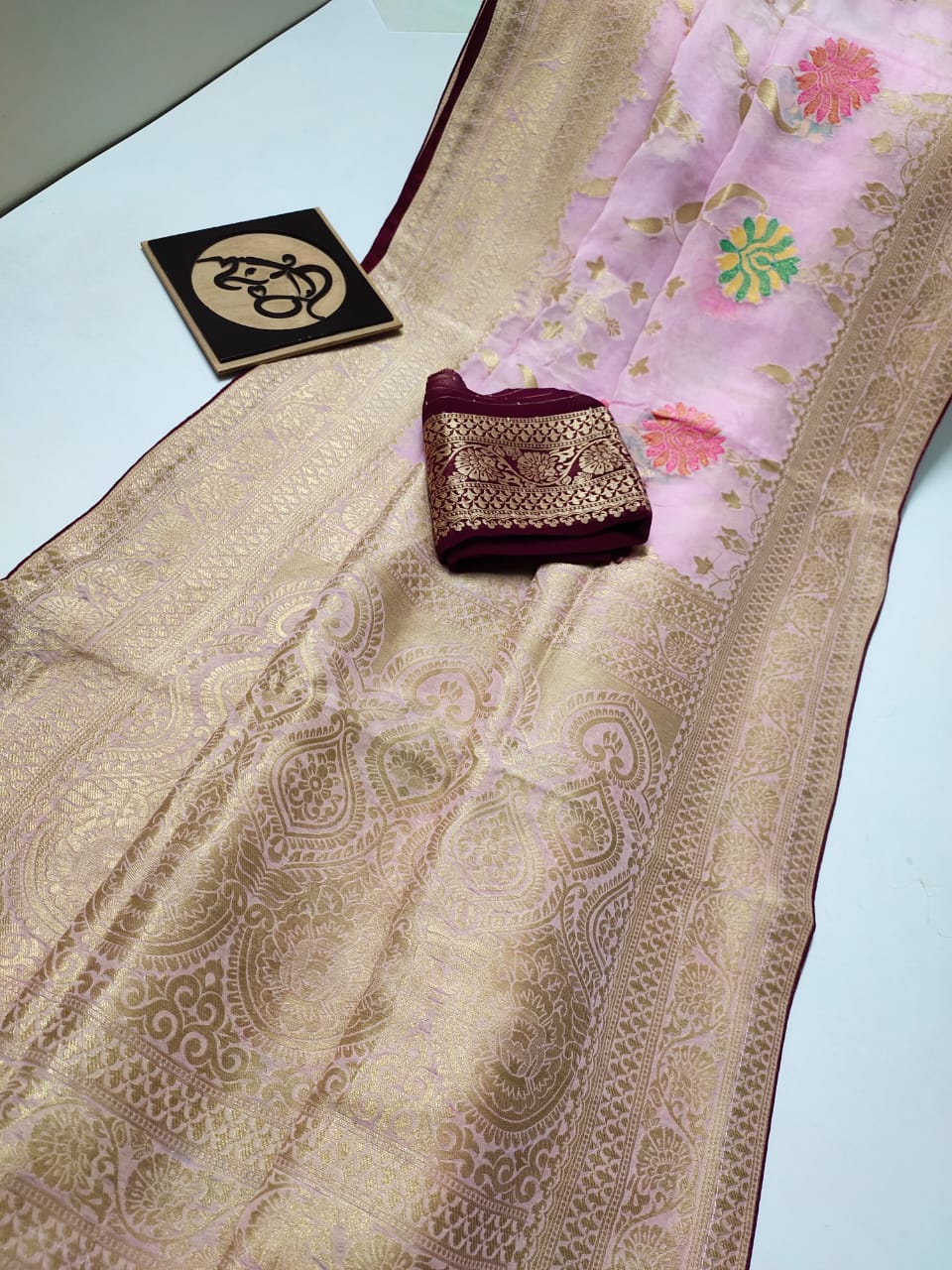 Floral banarsi gorgette saree - Saffronfashionindia