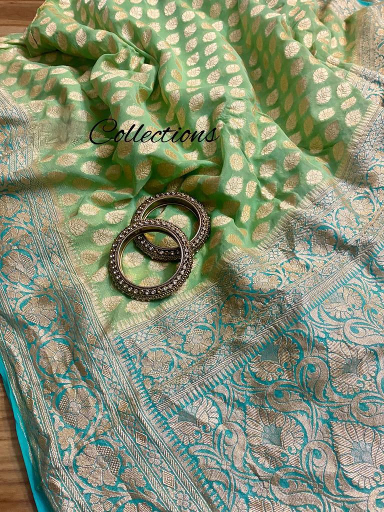 Elegant green khaddi gorgette sari - Saffronfashionindia