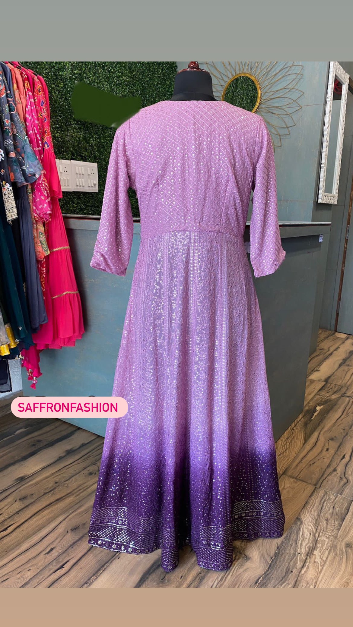 Lucknowi gorgette long dress - Saffronfashionindia