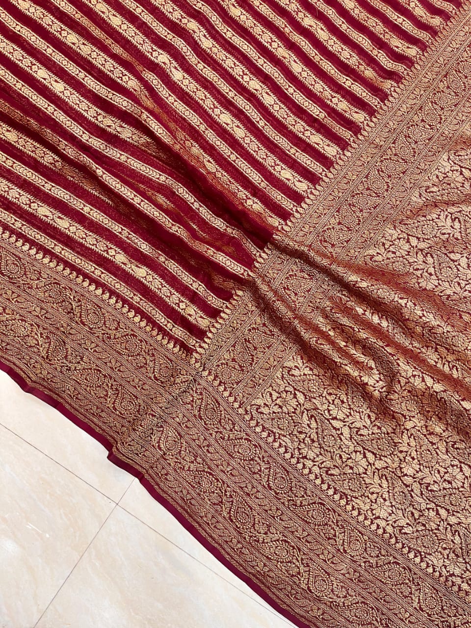 Striped khaddi gorgette saree - Saffronfashionindia