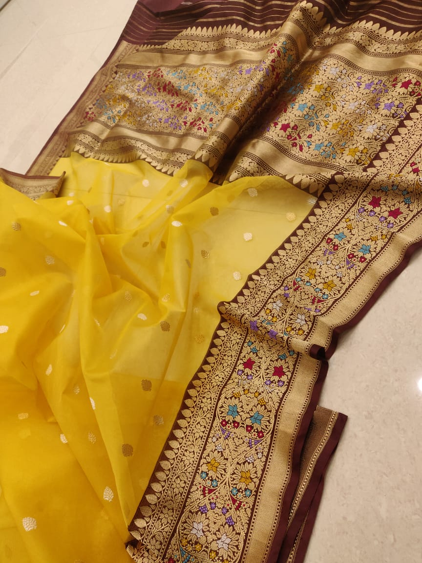 Yellow banarsi handwoven saree - Saffronfashionindia