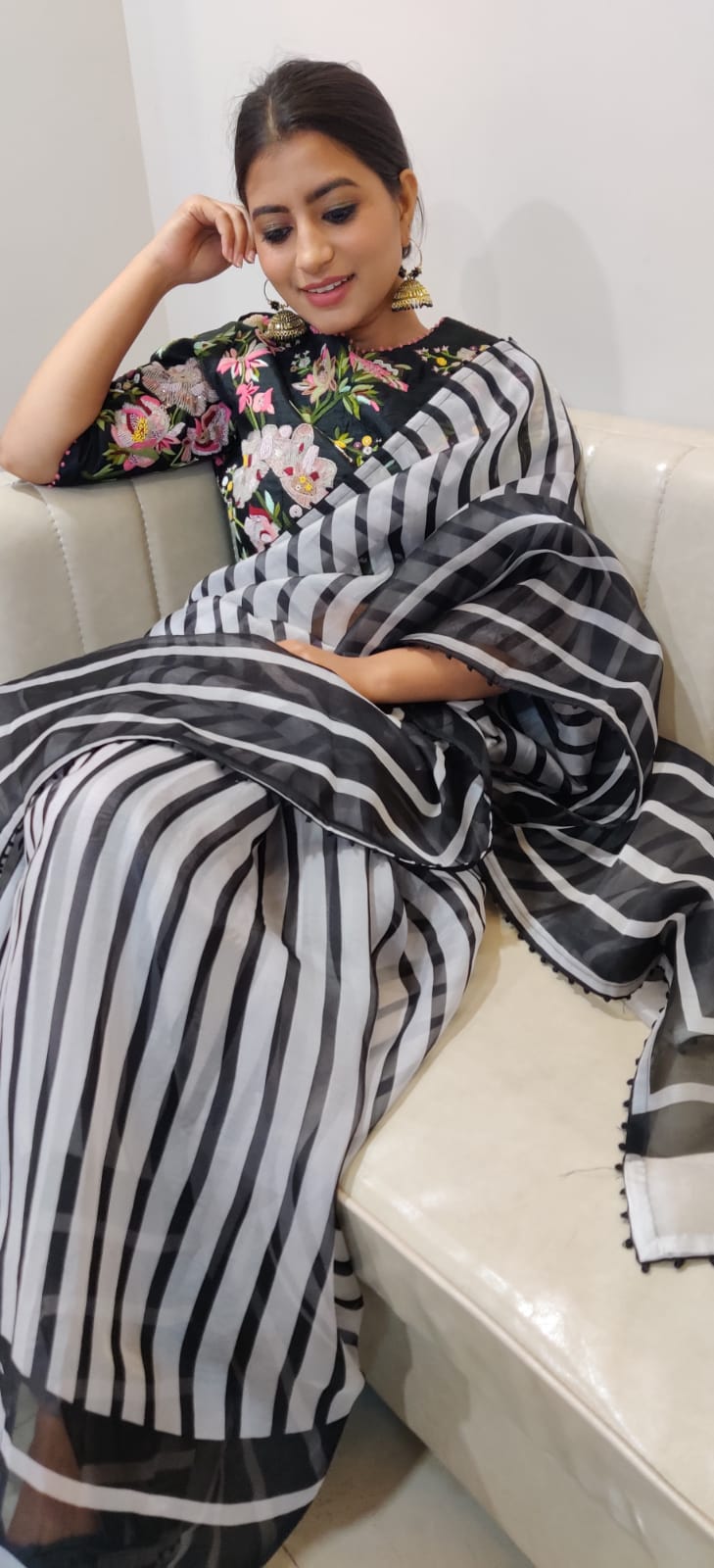 Striped sexy organza saree - Saffronfashionindia