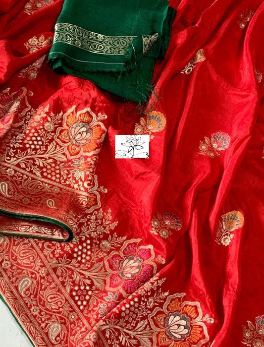 Red banarsi moonga saree - Saffronfashionindia