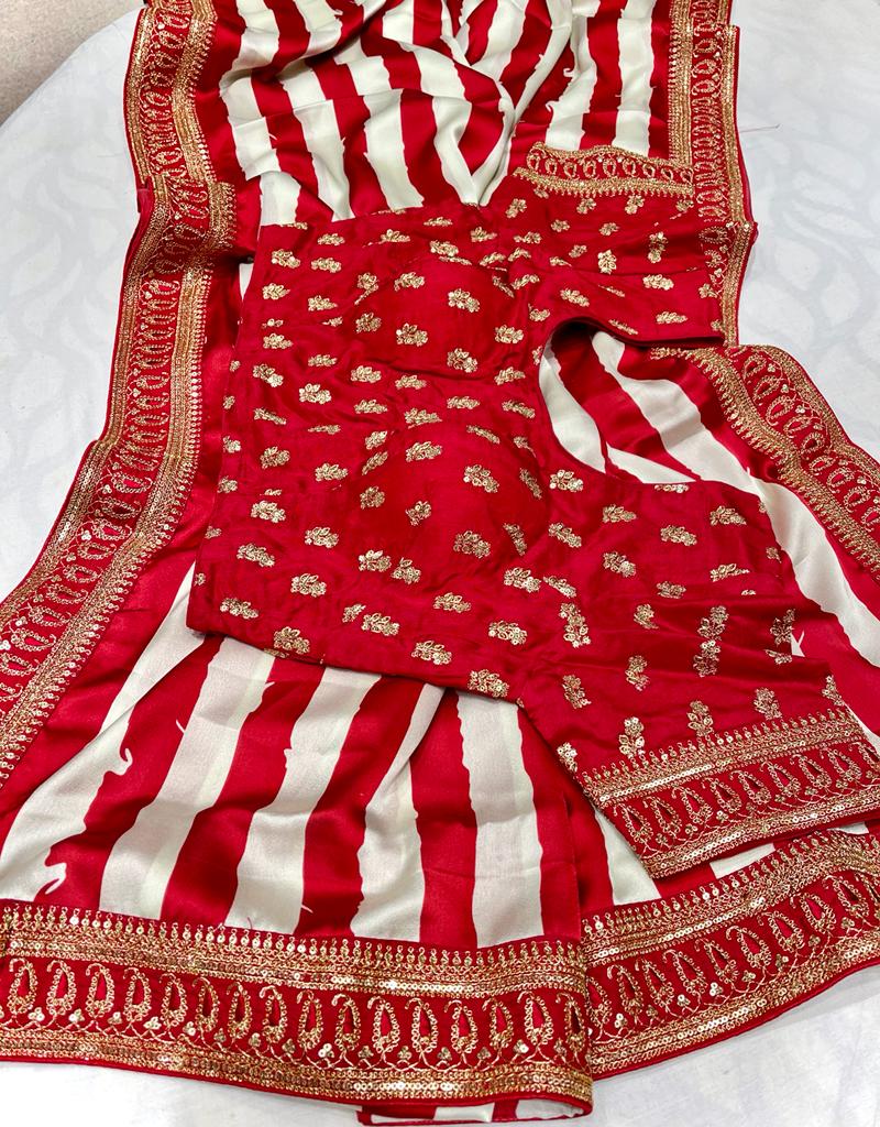 Satin striped zardosi saree - Saffronfashionindia