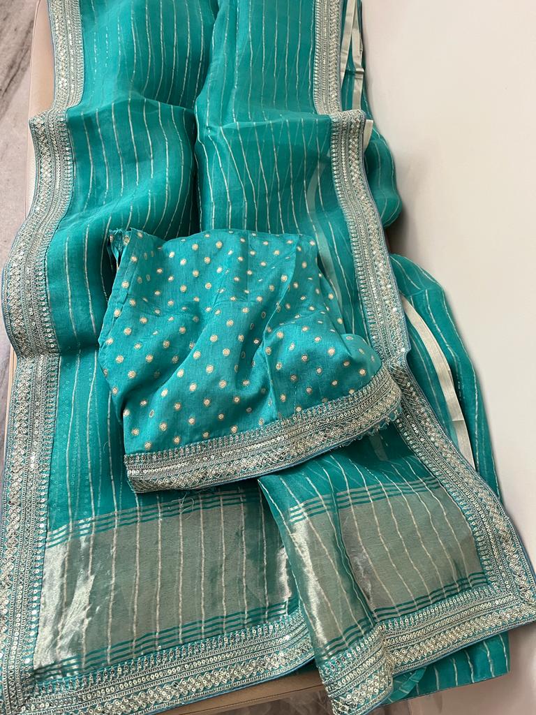 Ruhafza striped organza sequins saree party wear saree blouse - Saffronfashionindia