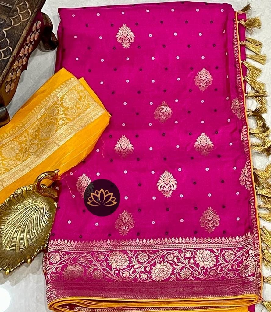Banarsi moonga bandhani saree - Saffronfashionindia