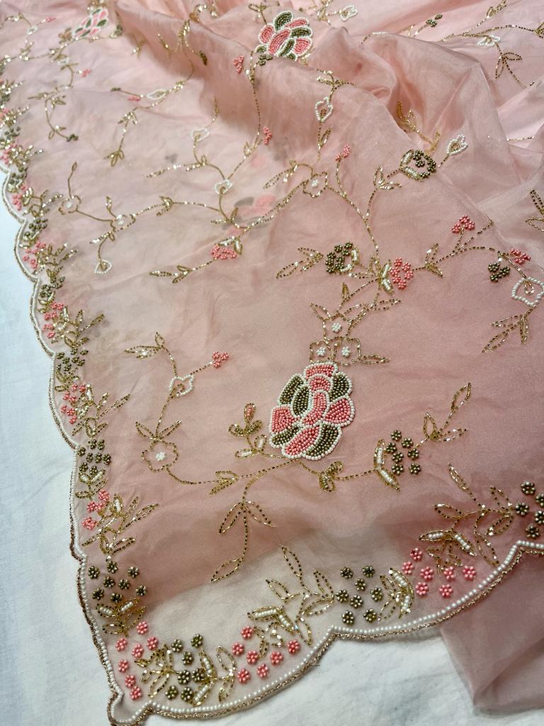 Pearl organza zardosi saree - Saffronfashionindia